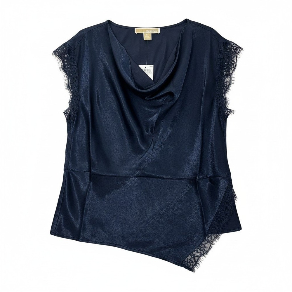 Michael Kors Midnight Blue Cowl Neck Lace Trim Asymmetrical Satin Blouse S